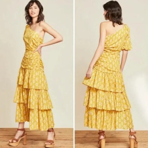 New! Veronica Beard Virginia Gold Floral One Shoulder Maxi Dress 22239 - Picture 3 of 16